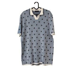 Phil Petter Blue Floral Striped Knit Austria Cotton Popover Polo Shirt Mens XL